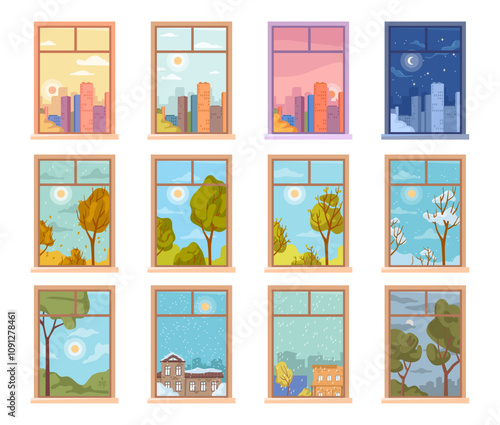 Windows with different time and seasons. Vector in flat style, isolated set of look on park and city. Cityscape at night, garden at night and day, morning and evening. Winter and spring seasons
