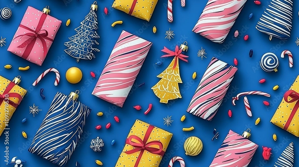 Fototapeta premium seamless of A blue and white background with a variety of Christmas trees and ornaments , isolated on white background, , copy space, copy space for text,