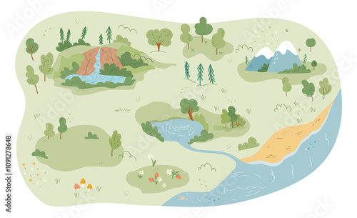 Map of terrain landscape with mountains, pond and waterfall. Vector in flat style, meadow or field with flowers in blossom, mushrooms and beach or shore for resting and tanning, summertime