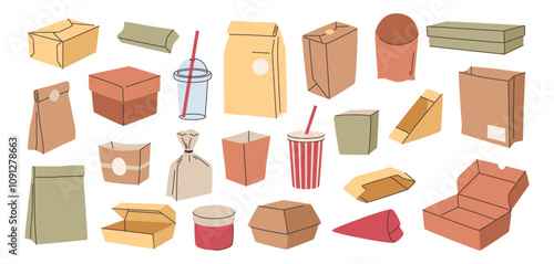 Food and goods delivery, isolated set of eco packaging. Vector in flat style, stores and restaurants bags for dishes and cups for food. Templates with copy space for labels stickers or branding