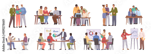Business team meeting. Vector isolated groups of people in office. Professional teamwork at work place. Conference communication and career presentation, corporate lecture and conversation talk