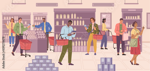 Customers in grocery store choosing products. Vector in flat style, people selecting goods to buy. Buyers with baskets holding shoppers and carts filling with goods from hypermarket, chores