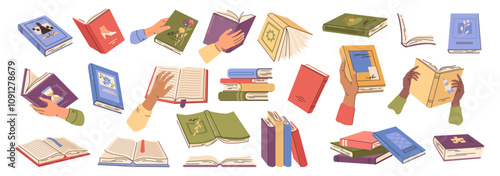 Open and closed books, pile and stack of publications. Vector learning and obtaining education. Hands holding notebooks or literature. Studying and improving skills. Textbooks for disciplines covering