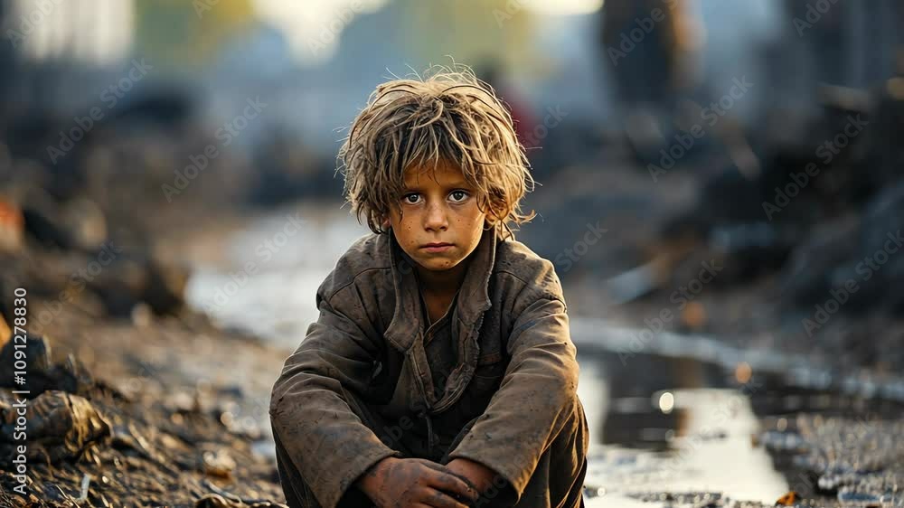 Child sitting in a muddy street with a somber expression at sunset Child sitting in a muddy street with a somber expression at sunset