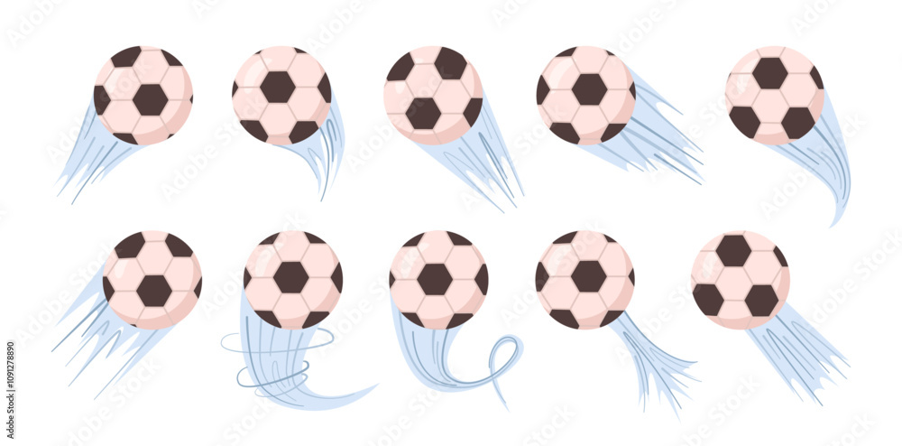 Fototapeta premium Flying soccer ball, action effect for play posters or football banners. Vector in flat style, isolated set of leather ball for players. Trace or swirl of wind, competition and championship