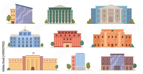 Bank financial institutions for clients deposits and transactions. Vector isolated municipal buildings, city infrastructures. Exterior of establishment, facade front view construction