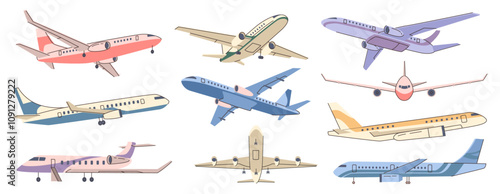 Flying or taking off passengers plane. Vector in flat style, isolated set of airbuses with windows. Commercial lines for transportation of people and goods. Journey and traveling, means of commuting