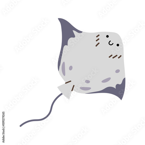 Manta birostris, isolated aquatic creature triangular pectoral fins and long tail. Vector smiling devil fish, underwater animals and dwellers of sea or ocean. Ecosystem and environment for creature
