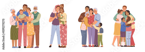 Family hugging collection. Vector isolated happy parents and children embracing, love and support. Smiling mom and dad, son and daughter, grandfather and grandmother. Generation embracing