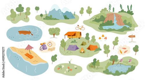 Backpacker and hiker track for tourism and trip. Vector in flat style, isolated spots for hiking and fishing, resting on beach and tanning, fishing and biking, mountains and camper vans
