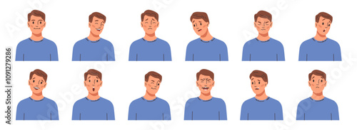 Man with facial expressions, isolated collection of positive and negative emotions. Male character avatar with different face expressing. Smiling and laughing, fear and anger, surprised and confused