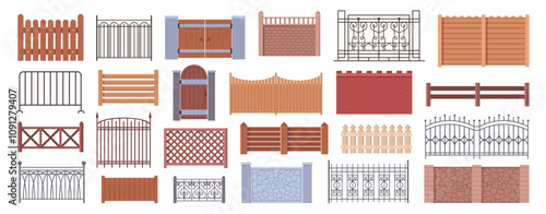 Cartoon gates and fences set. Vector wooden and metal, stone or brick structures. Isolated entrance to garden or park with ornaments. Barriers constructer from steel, rocks and wood