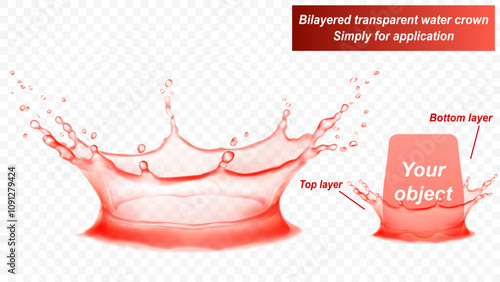 Transparent water crown consist of two layers: front and back. Splash of water in red colors, isolated on transparent background. Transparency only in vector file