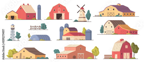 Agricultural complex farms set. Vector country houses of modern village collection, factory warehouse for wheat crop storage and distribution, barns and mill, water tower and greenery house