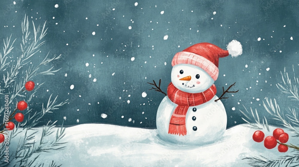 Fototapeta premium A cheerful winter greeting card featuring a smiling snowman adorned with a red hat and scarf, surrounded by snow, pine branches, and bright red berries against a snowy backdrop.