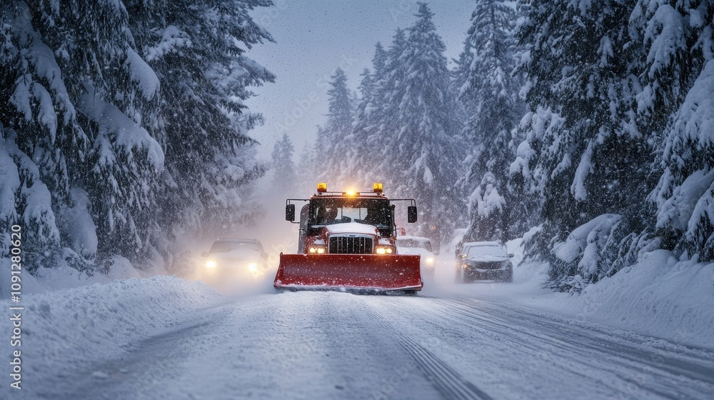 Snowplow clearing snowy road winter storm blizzard transportation