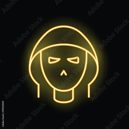 Yellow neon sign of a hacker wearing a hoodie with a suspicious look on his face on a black background