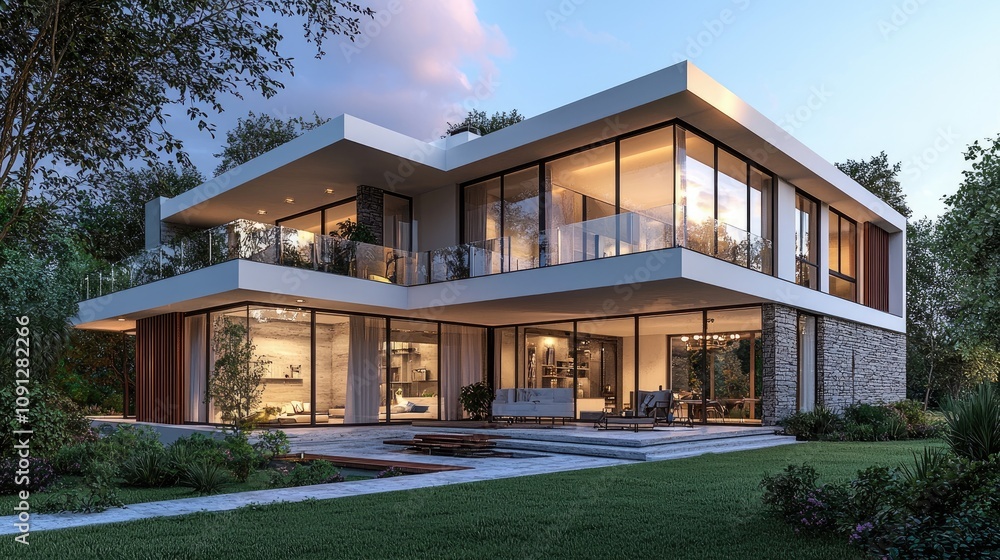 Fototapeta premium Contemporary outdoor area with a composite deck, modular seating, a metal pergola with shade sails, and a manicured garden, ideal for relaxation
