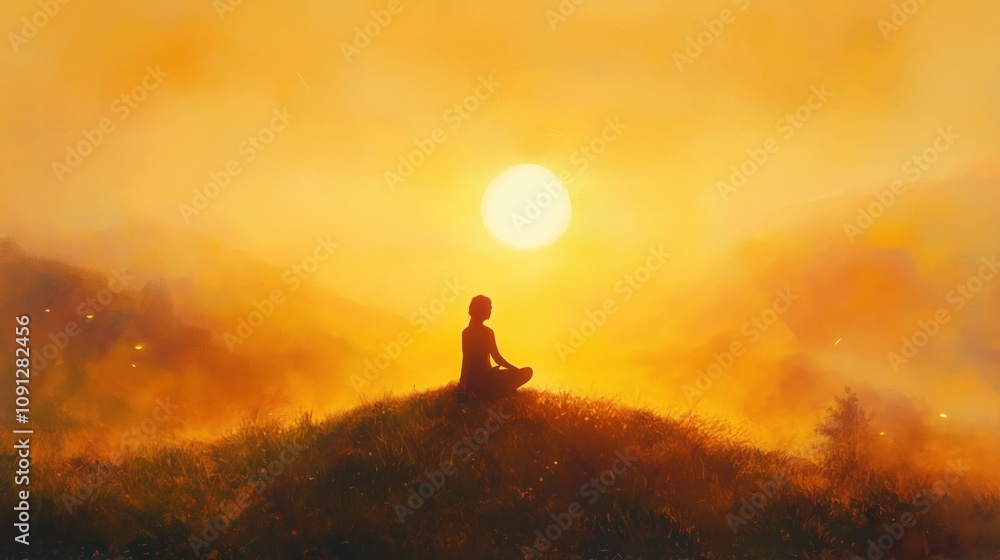 Fototapeta premium illustration of a lone person sitting on the peak of the mountain, with sun lights, soft orange sky