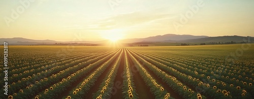 aerial view of a sunflower field at sunrise, with neat rows of yellowish blossoms under a soft, warm sky; ideal for calm and relaxation themes photo