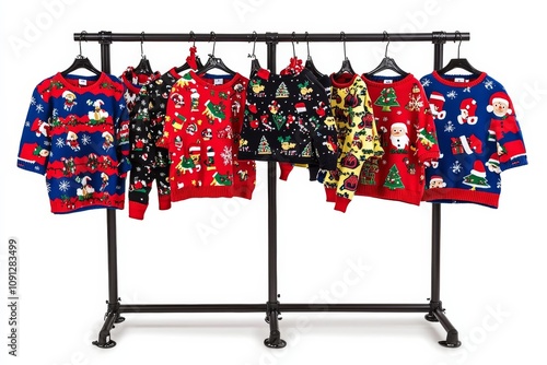 hyper realistic photo of A temporary seasonal display of ugly Christmas sweaters at a retail store . , isolated on white background, , copy space, copy space for text,