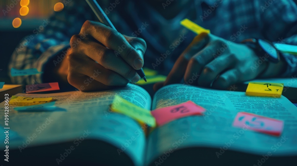 Fototapeta premium defocused on Focused Study with Sticky Notes and Pen at Night