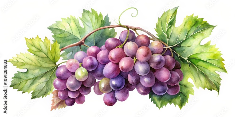 Obraz premium Watercolor Painting of a Grapevine with Lush Green Leaves and Ripe Purple Grapes, grape ,vine