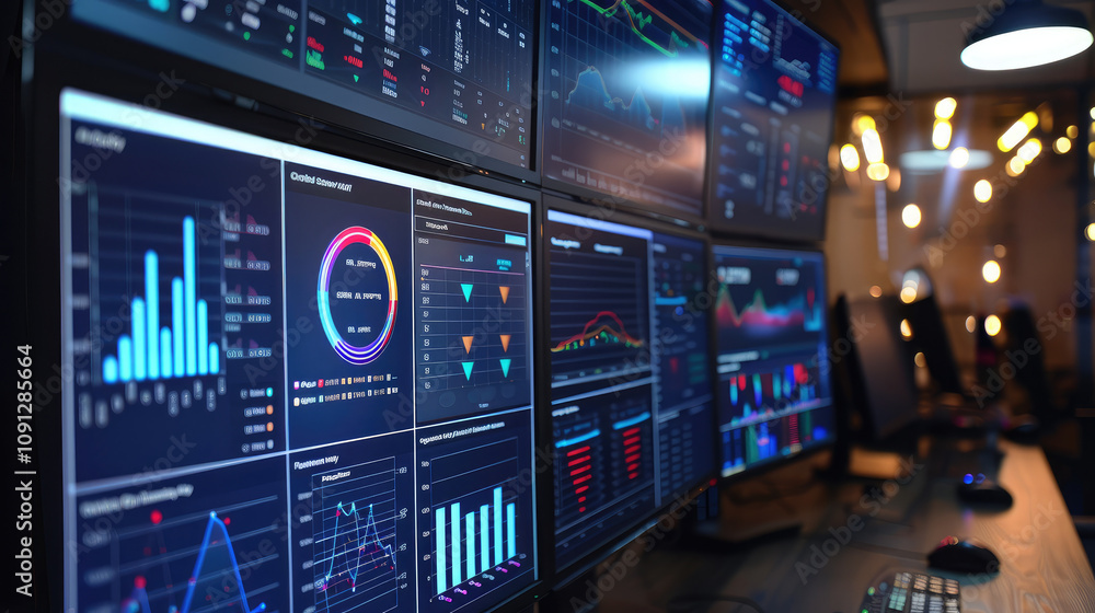 Data analysis dashboard with multiple screens displaying graphs and ...