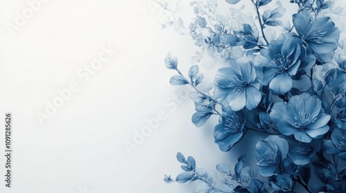 Blue floral arrangement featuring delicate blossoms on a pristine white background, providing ample space for text and design elements, ideal for presentations or invitations.