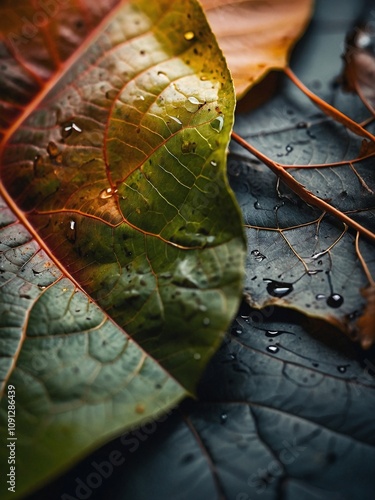 Close up photo of leaves with earthy and natural color palette, soft yet vibrant botanical theme