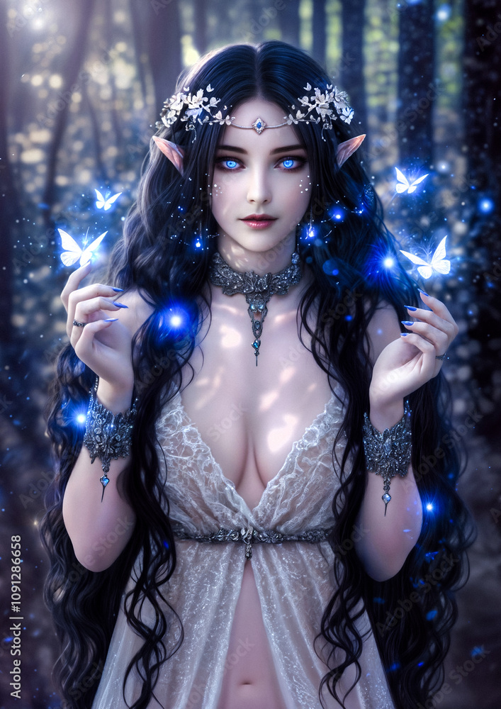Fototapeta premium Enchanting Elf Woman in a Mystical Moonlit Forest Holding a Glowing Light, Surrounded by Magical Energy, Ethereal Blue Tones, Elegant Flowing Gown, Fantasy Beauty, Woodland Charm, Serene Atmosphere