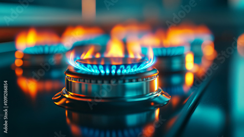 Bright Blue Flames Emerge from Modern Gas Burner in a Contemporary Kitchen, Highlighting Safe Cooking and Energy Themes with Stylish Design Elements photo