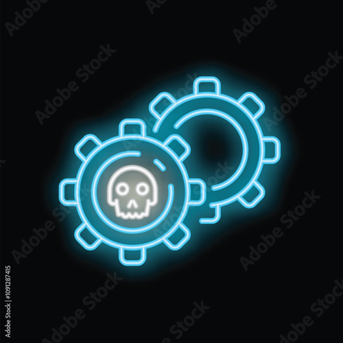 Neon sign illuminating a malfunctioning gear with a skull shape, symbolizing danger and system error