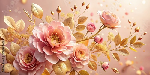 Wallpaper Mural Golden Leaves and Pink Roses, 3D Render, Floral Art, Botanical , rose, leaves, gold Torontodigital.ca