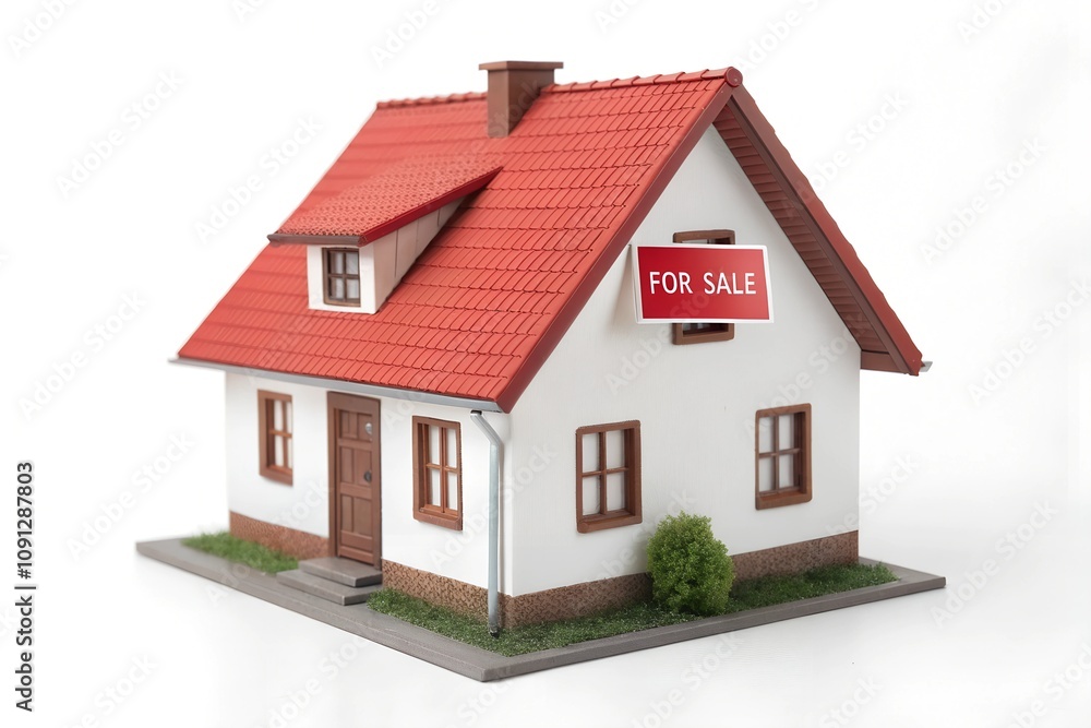Small white house, red roof, miniature model, real estate sign, for sale, architectural scale model, detailed craftsmanship, dollhouse aesthetic, green lawn, white trim, photorealistic render, isolate Small white house, red roof, miniature model, real estate sign, for sale, architectural scale model, detailed craftsmanship, dollhouse aesthetic, green lawn, white trim, photorealistic render, isolate