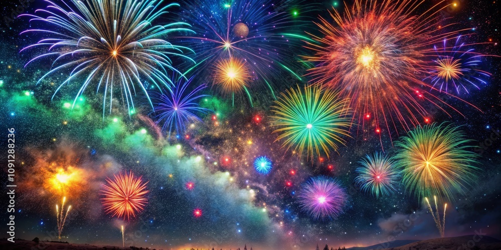 Fototapeta premium Fireworks Display Over Starry Night Sky, Celebration, Night Sky, fireworks