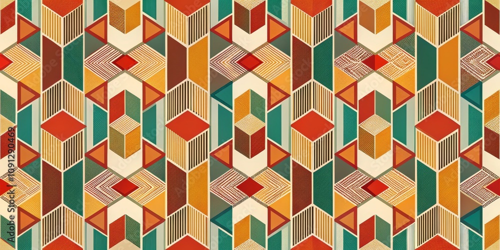 Obraz premium Abstract Geometric Pattern with Stripes, Triangles, and Textured Elements, geometric patterns ,abstract art
