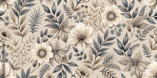 Abstract Floral Pattern with Beige and Gray Flowers and Leaves, Seamless Floral Pattern, Botanical Background, Neutral Colors , Floral Design, floral, abstract