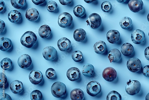 A vibrant flat lay showcasing numerous blueberries arranged on a light blue background.