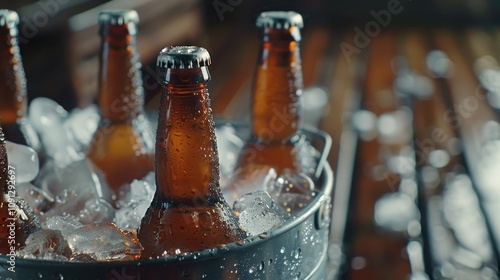 Close-up of beer bottles chilling in a bucket filled with fresh ice. Beads of condensation glisten under the warm light, inviting you to take a refreshing sip of the drink.