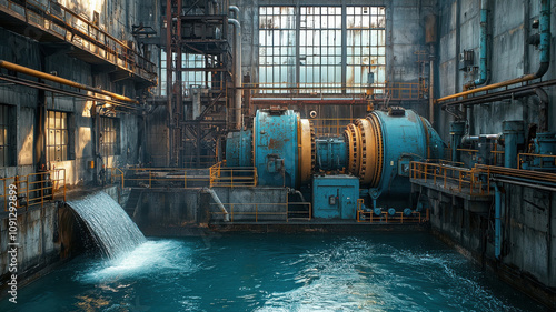 Interior of hydroelectric turbine hall featuring large turbines and water flow, showcasing industrial design and machinery. atmosphere is dynamic and powerful photo