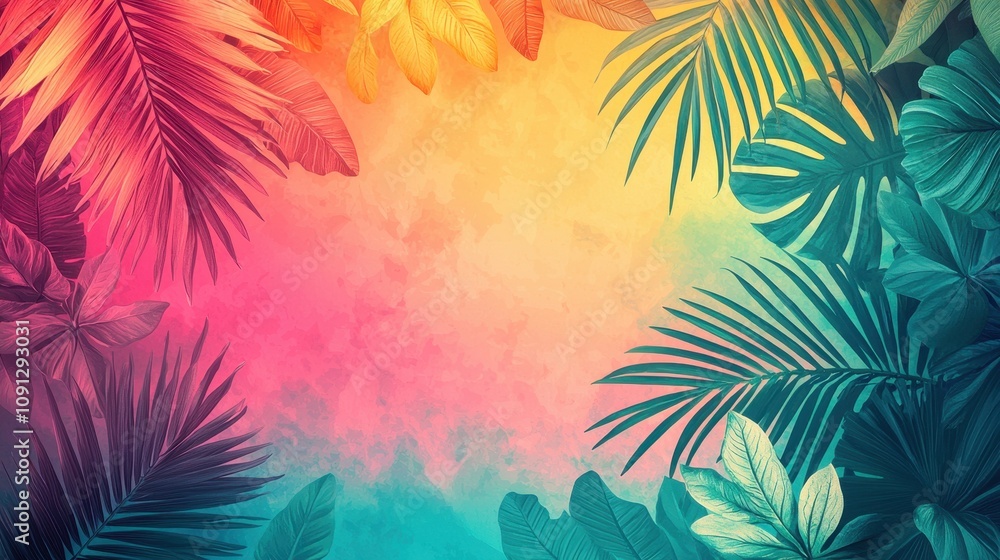 A vibrant tropical gradient background blending coral, teal, and sunshine yellow tones. Subtle palm leaf silhouettes overlay the base, enhancing the exotic vibe. A lively and playful composition A vibrant tropical gradient background blending coral, teal, and sunshine yellow tones. Subtle palm leaf silhouettes overlay the base, enhancing the exotic vibe. A lively and playful composition