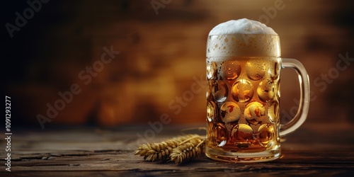 A fresh mug of golden beer topped with thick foam sits next to fresh ears of wheat on a wooden tabletop. Warm ambient lighting enhances the cozy atmosphere of the moment.