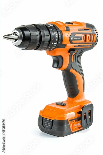 Orange cordless drill, powerful and modern.