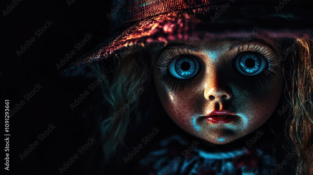 Fototapeta premium Vintage doll with haunting blue eyes, wearing a dark hat, surrounded by a shadowy and eerie atmosphere that creates a chilling ambiance.