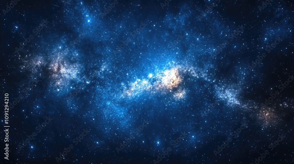 Fototapeta premium A breathtaking view of a vast star cluster illuminating the night sky, showcasing a vibrant mix of blue and yellow stars amidst a cosmic backdrop of deep space.