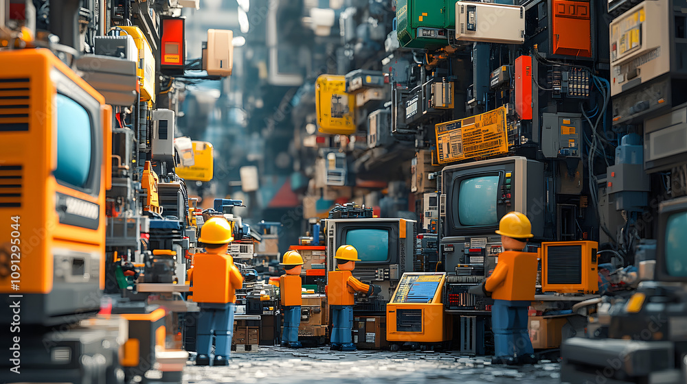 Fototapeta premium An Eco-Conscious e-Waste Recycling Facility Featuring Teamwork in Sorting Electronic Devices for Sustainable Disposal