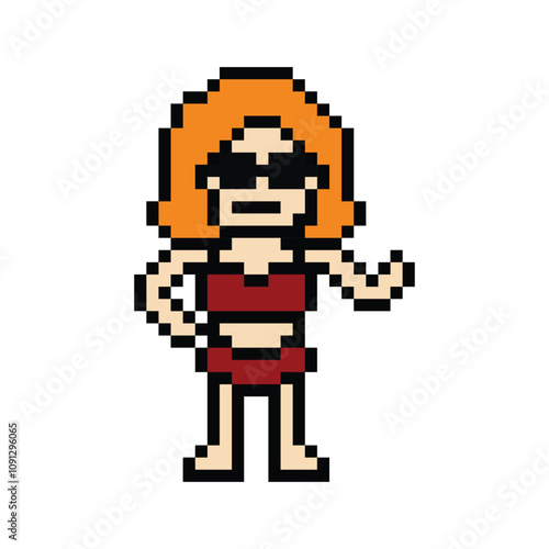 Cute pixel cartoon two piece character woman bikini swimming suit game summer beach vacation for decoration lifestyle female bikini 2 piece cartoon 8 bit holiday relax pixel art png vector.