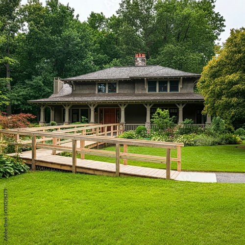 A wooden ramp for wheelchairs provides access to the house, increasing its ease of use for people with mobility problems. photo