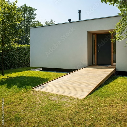 A wooden ramp for wheelchairs provides access to the house, increasing its ease of use for people with mobility problems. photo